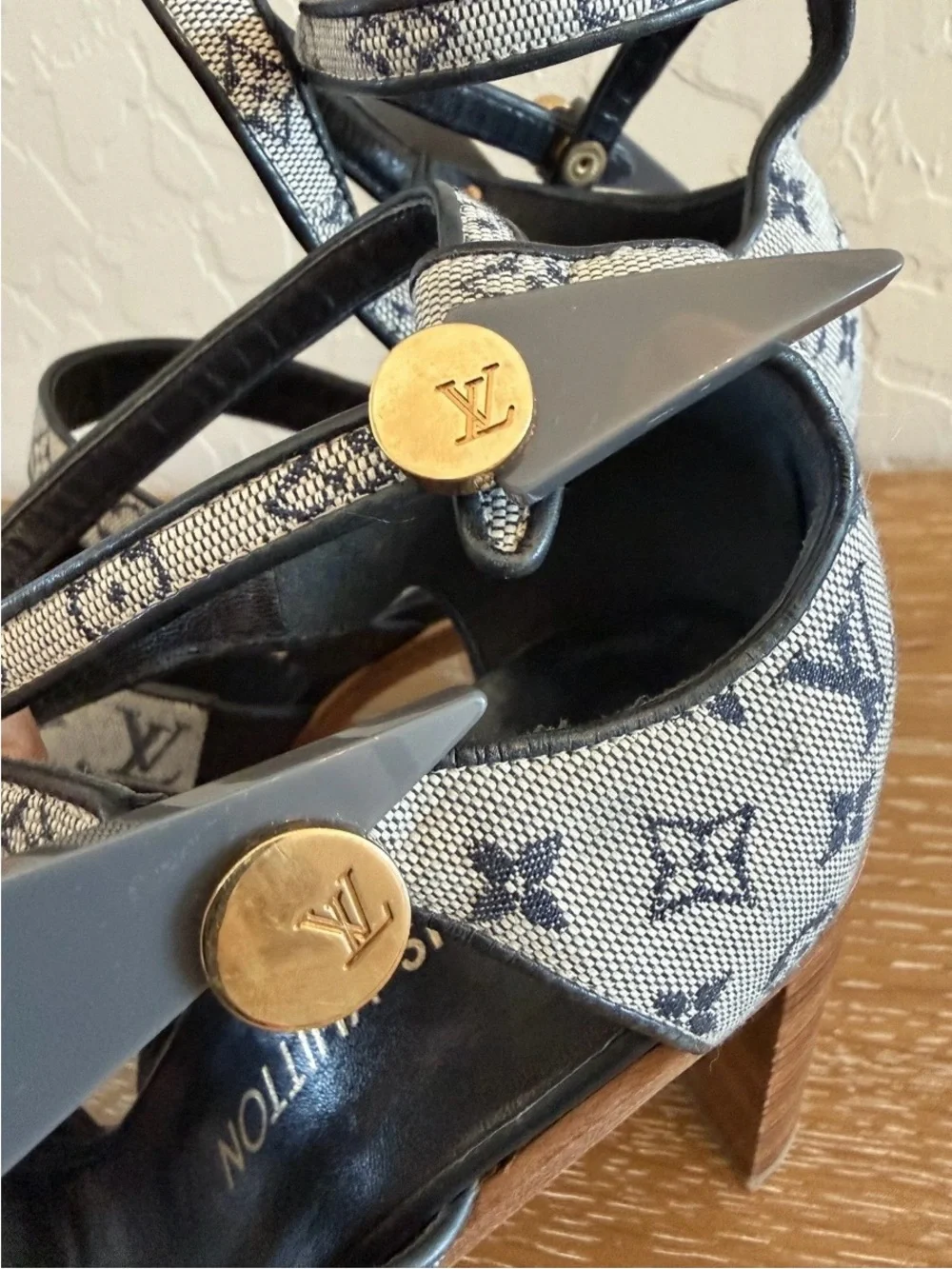Louis Vuitton Monogram Denim Strappy Platform Sandals in Blue and Brown